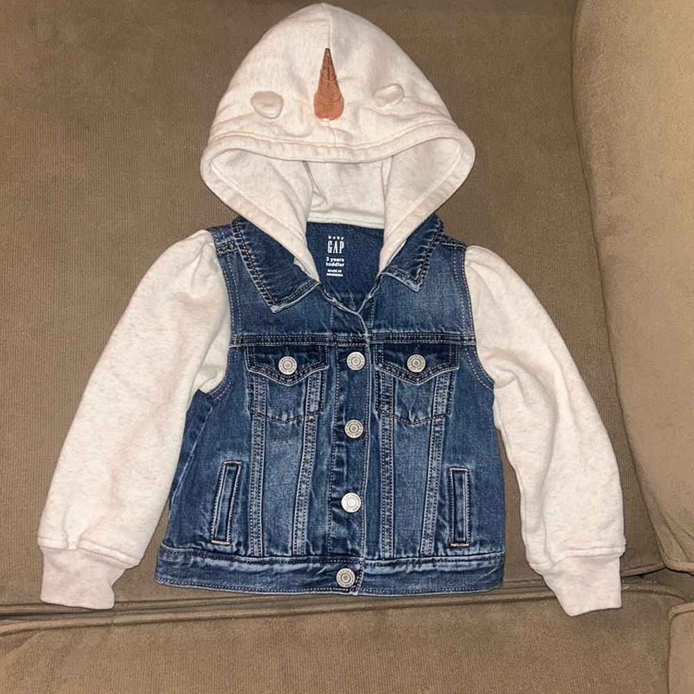 Baby GAP denim jacket with sweatshirt sleeves and unicorn hood